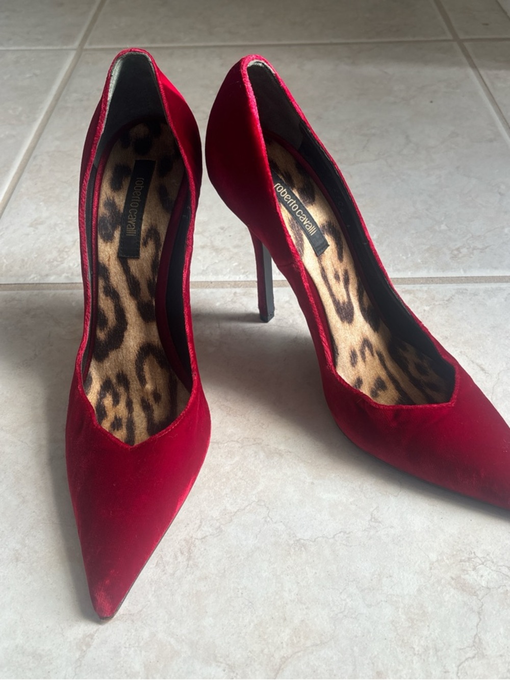 Roberto Cavalli Red Velvet Pointed Stiletto Pumps with Leopard Insole